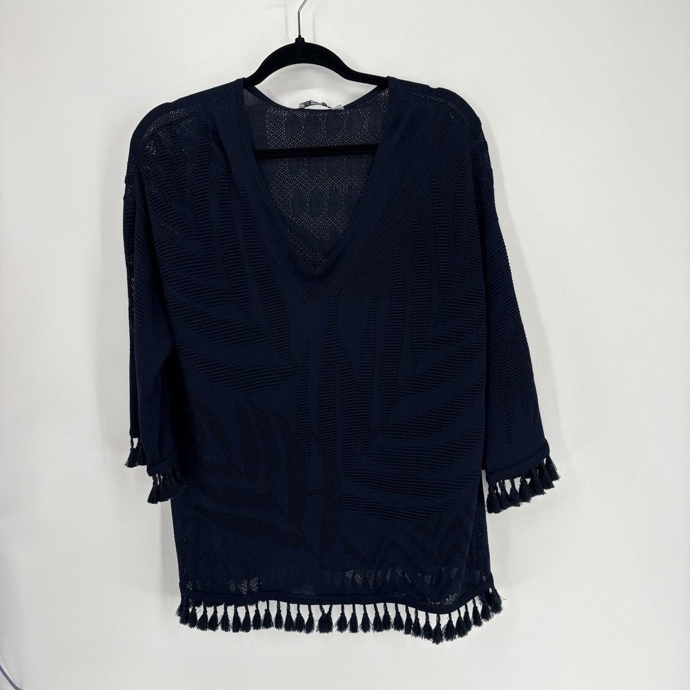 Chico's Top Women Large 2 Navy Tassel Trimmed Open Knit 3D V-neck Boho